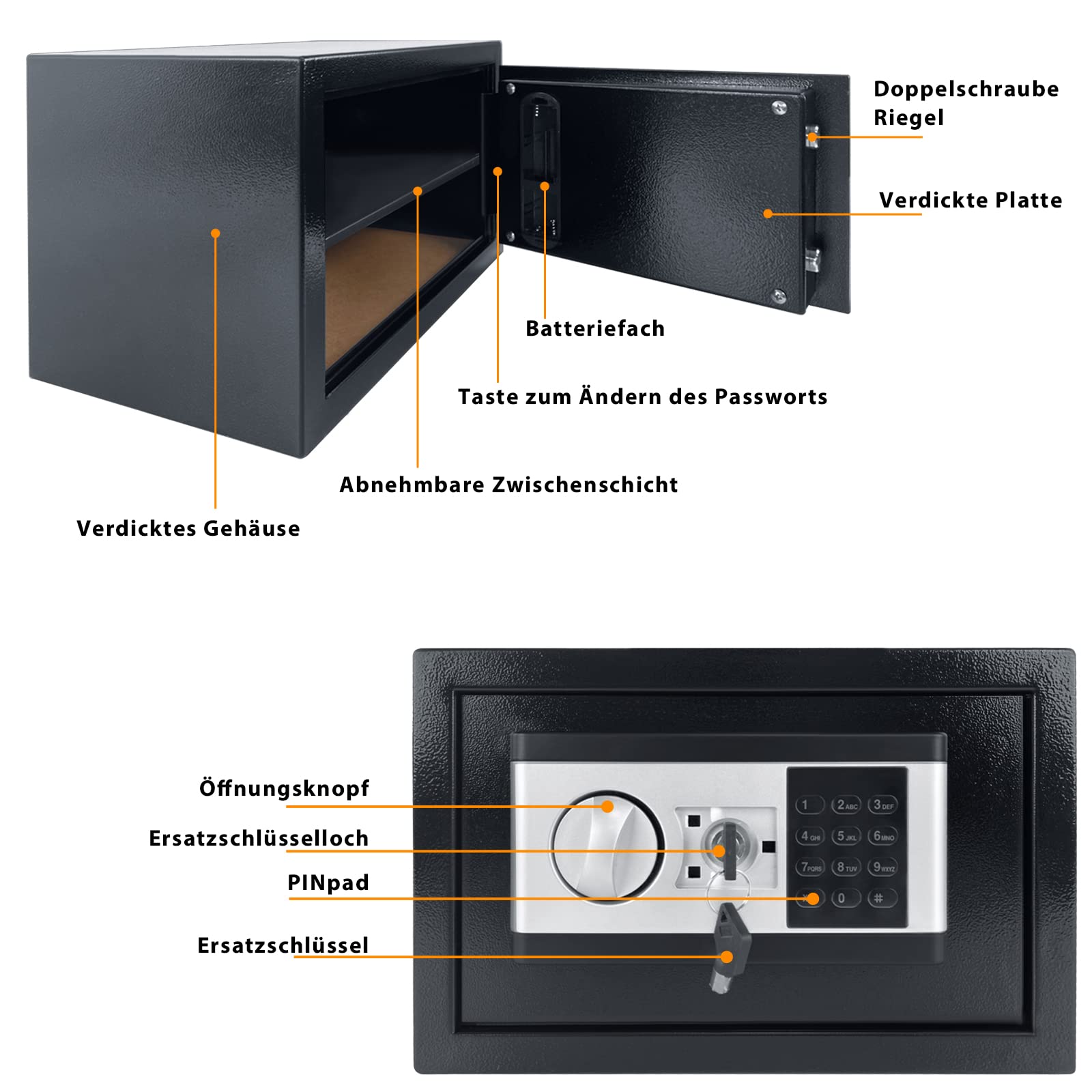 UISEBRT Caja Fuerte Electrónica - Caja Fuerte Pequeña de Acero - Caja Fuerte de Seguridad con Digital Código y 2 Llaves de Emergencia - Para Muebles Casa Oficina Hotel - Negro