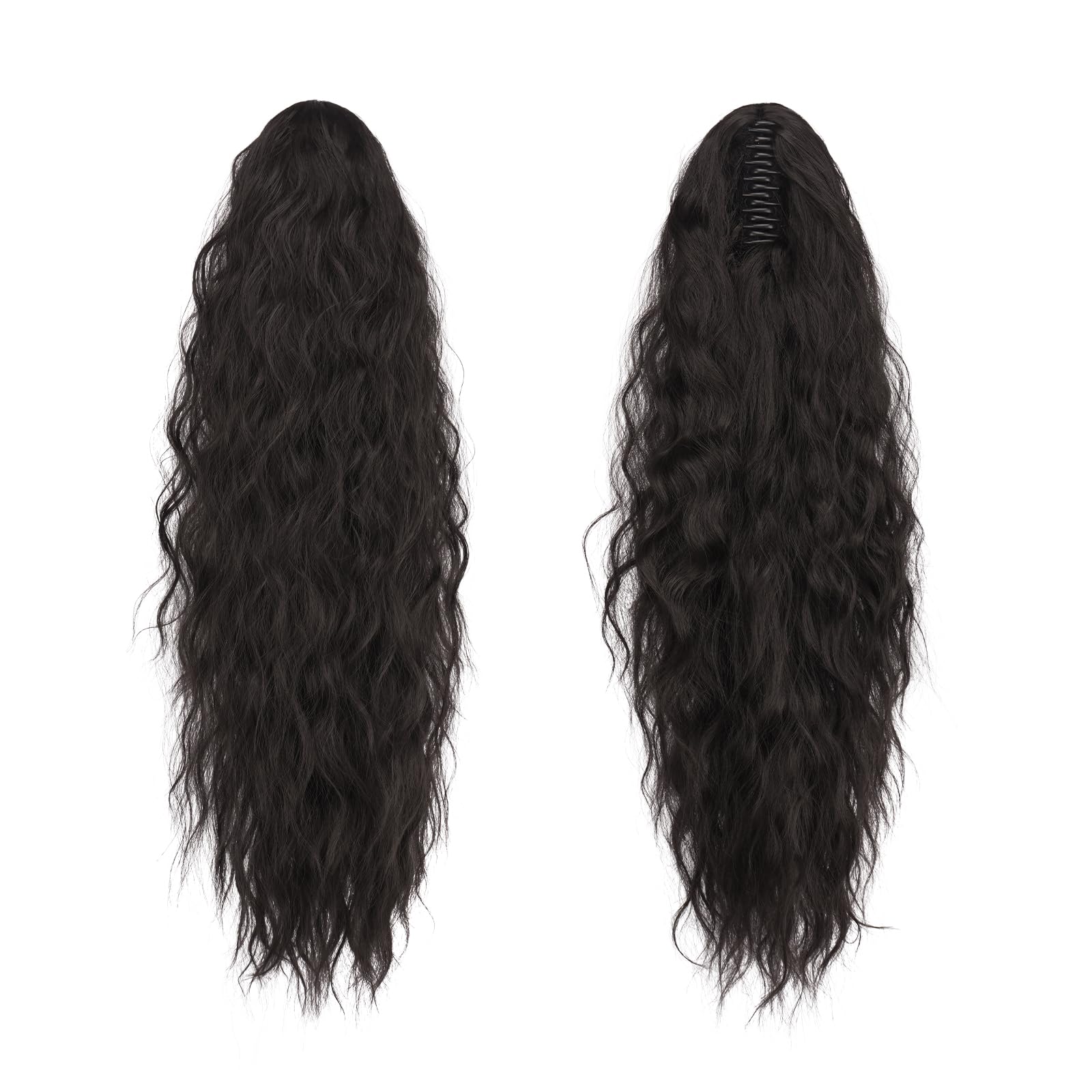 FESHFEN Claw Clip Ponytail Extensions, Long Pony Tail Hair Piece Wavy Curly Synthetic Hairpieces for Women Natural Black 26 inch - Image 2