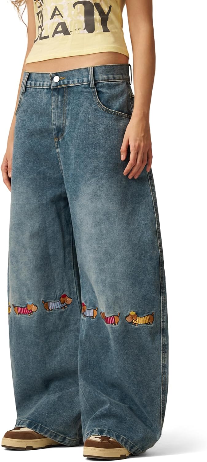 Aelfric Eden Dachshund Embroidery Baggy Barrel Jeans Wide Leg Y2K Denim Pants Straight Loose Jeans Streetwear Unisex - Image 4