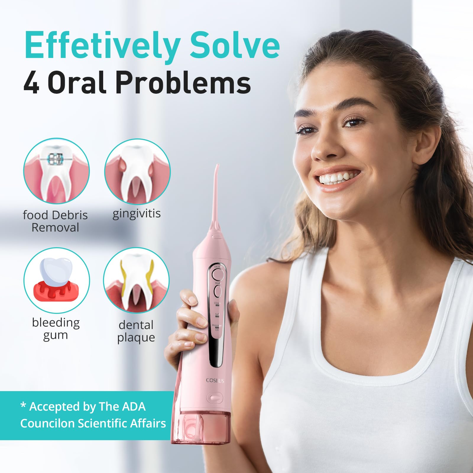 COSLUS Púa dental de agua: irrigador bucal portátil inalámbrico de 300 ml, limpiador de riego de viaje recargable, IPX7, impermeable, para limpieza de dientes, F5020E, color rosa