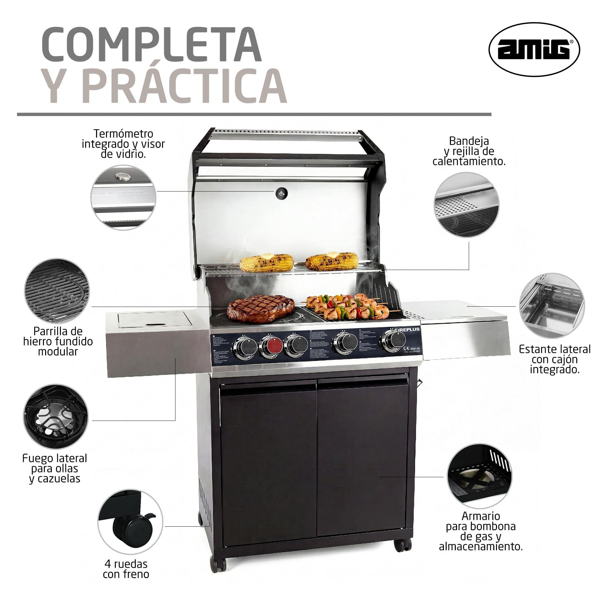 Amig - Barbacoa de Gas XXL Fireplus GRILL-2 5F - 139 x 55 x 115 cm - Superficie de Cocción 70x41,5 cm - Con Termómetro, Estante Lateral, Armario y Ruedas con Freno - Parrilla de Hierro Fundido - Negro