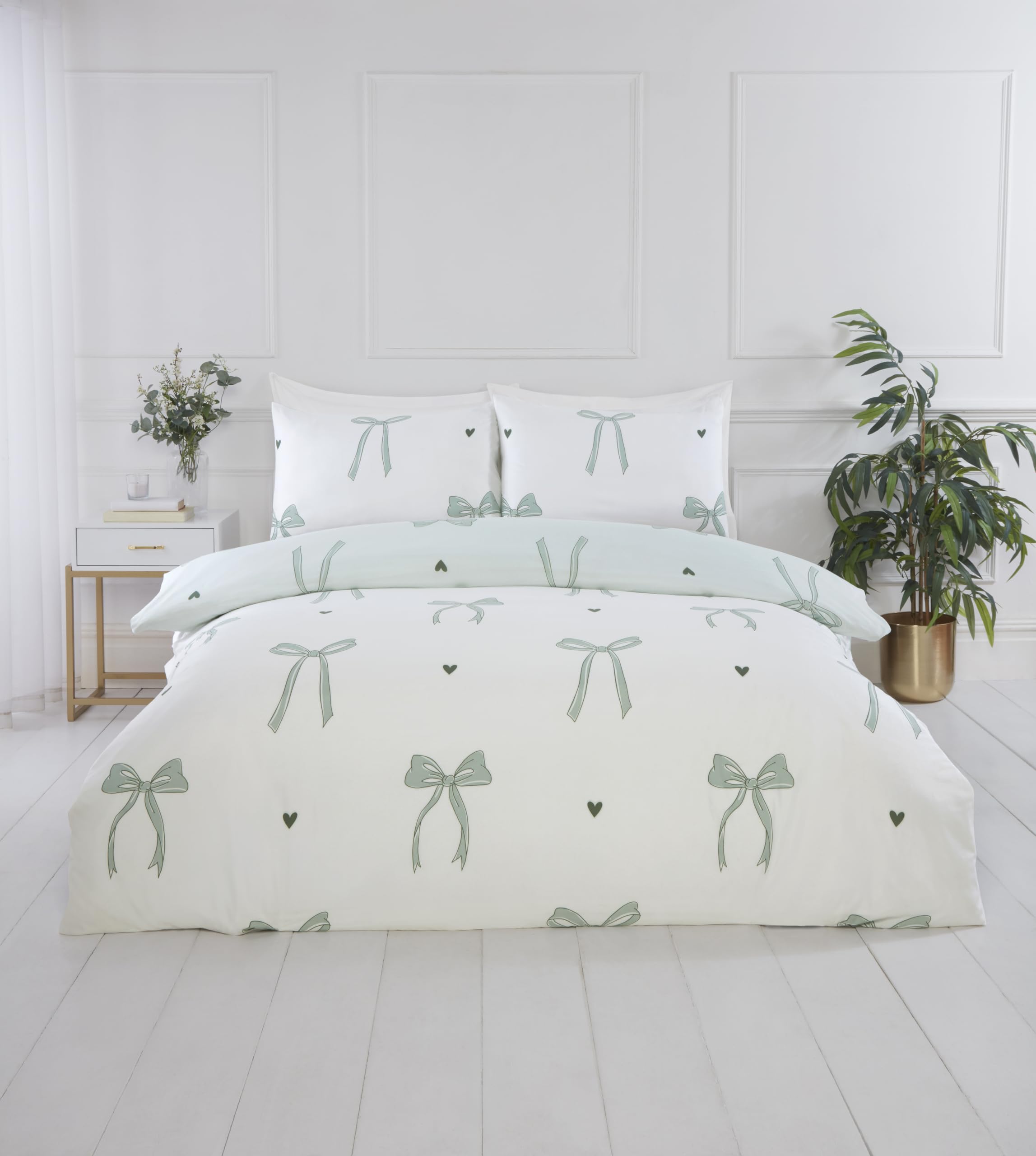 Rapport Home Green Printed Reversible Microfibre Bedding Double Duvet Cover Set Bows – Cute Pattern Quilt Cover With Pillowcases