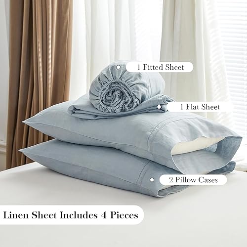 Miniatura 3 de Simple&Opulence Juego de sábanas de 100 % lino francés, transpirable y duradero, 4 piezas, 1 sábana encimera, 1 sábana bajera, 2 fundas de almohada,