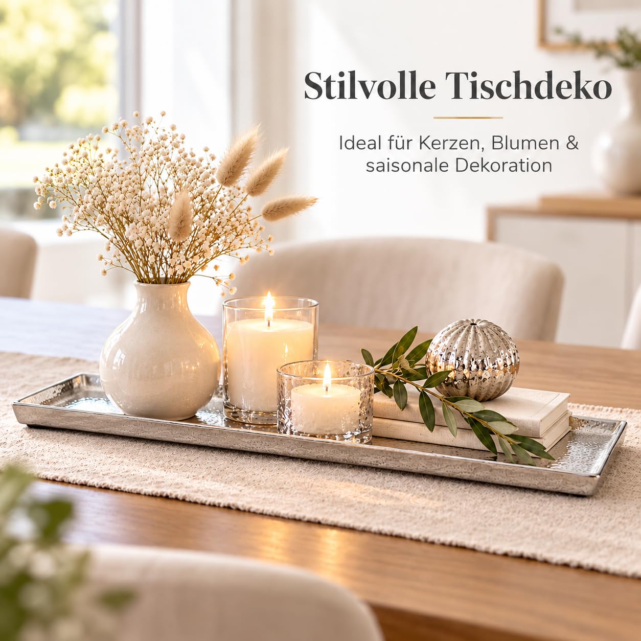 Brandsseller Deko-Tablett 44,5x12,5 cm Deko-Teller Dekoschale Aluminium RAW Optik Silbern Rechteckig