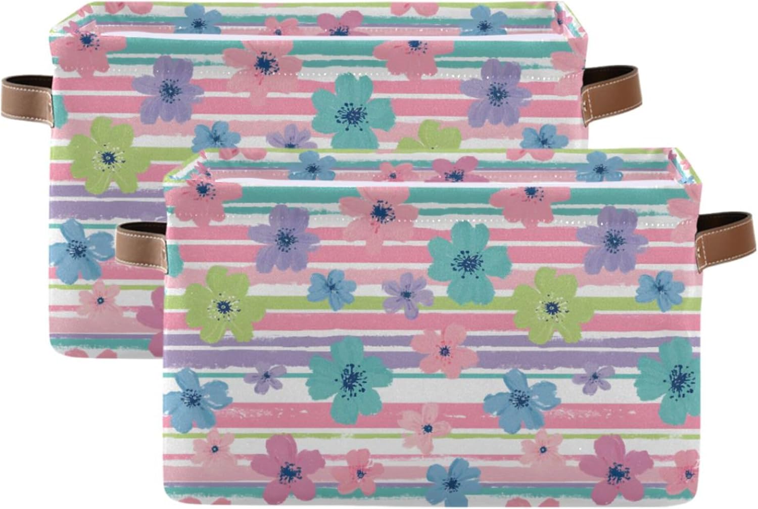 MNSRUU Storage Basket Cute Hibiscus Flower Collapsible Organizer Basket for Shelves with PU Handles, Decorative Waterproof Nursery Laundry Storage Cubes Bins, 2 Pack