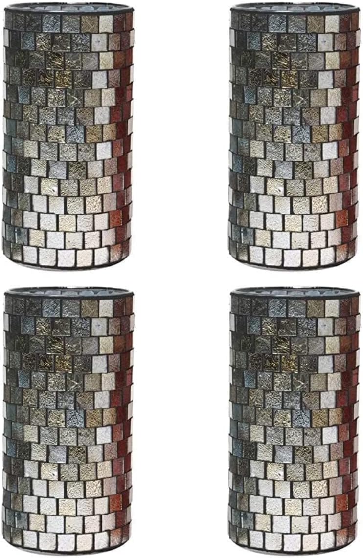 Hosley Set of 4 Mosaic Glass Tea Light Candle Holder Ideal Gift for Wedding Party Favor Spa Home Bridal Reiki Meditation (C-Silver, 7.87" High)