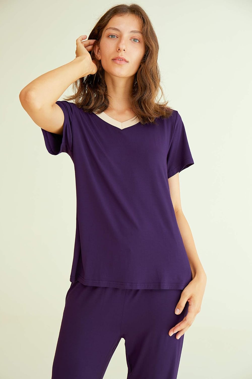 Latuza Women's V-neck Sleepwear Short Sleeves Top with Pants Pajama Set - Image 2