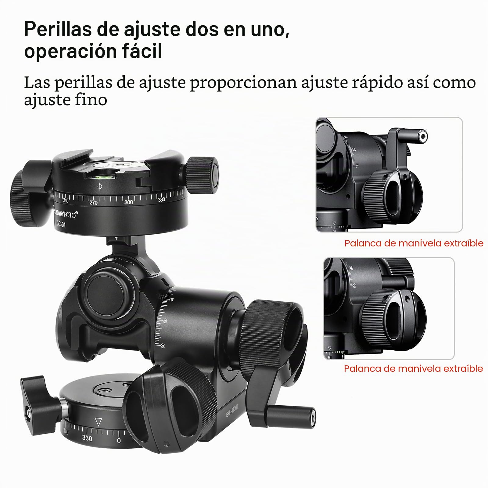 Sunwayfoto GH-PROII+ Cabezal de engranaje 3D con ajuste independiente viene con abrazadera panorámica de engranajes GC-01