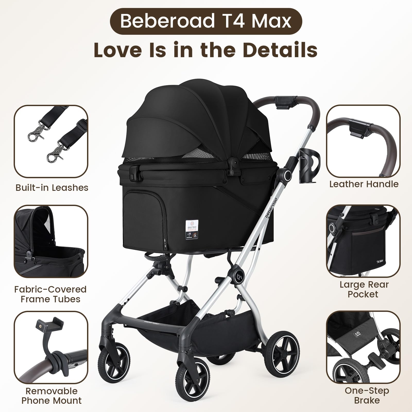 Beberoad T4 Max - Carrito para perros y gatos medianos (4 ruedas, plegable, impermeable, con almohadilla, capucha y portavasos)