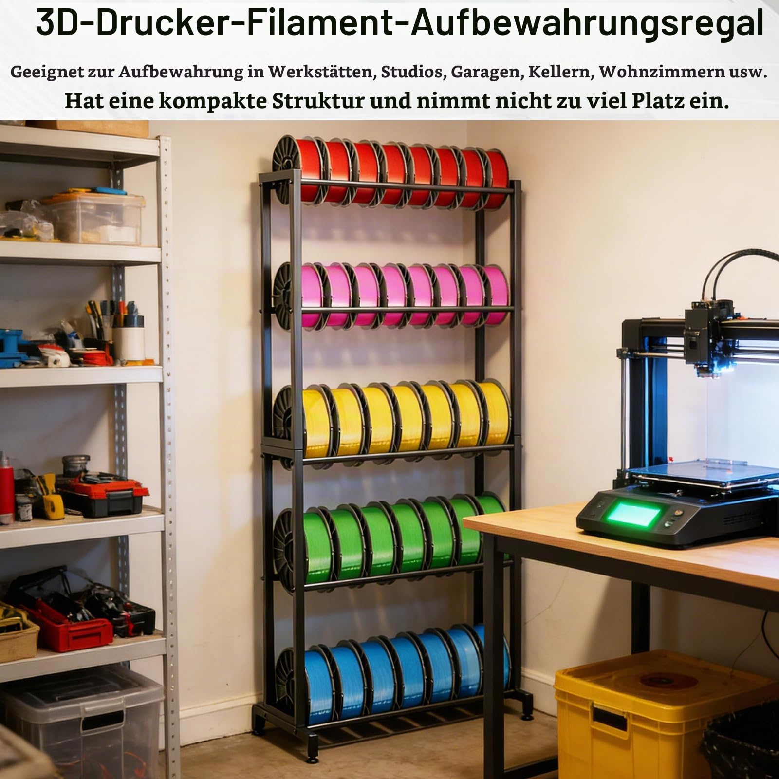 3D-Drucker Filament Lagerregal, 13x65x33 cm Aufbewahrungsständer mit großen Fachabständen, kompatibel mit PLA/ABS/PETG/TPU/WOOD, Filamentspulenhalter für Druckstudio & Werkstatt