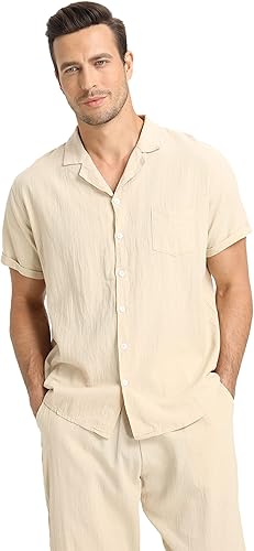 Miniatura 4 de RPOVIG Conjunto de camisa de lino y pantalones conjuntos de lino de 2 piezas para hombre, camisas de manga corta, pantalones de yoga, trajes de