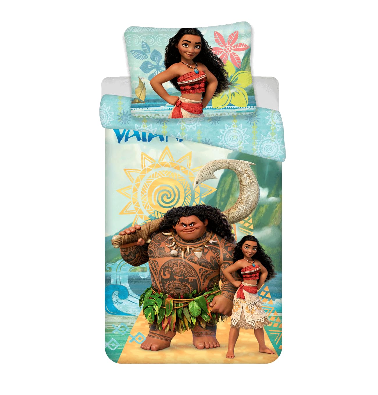 Disney Biancheria da Letto Oceania Vaiana, Copripiumino 140 x 200 cm + Federa 70 x 90 cm, 100% Cotone, Multicolore (Reversibile)