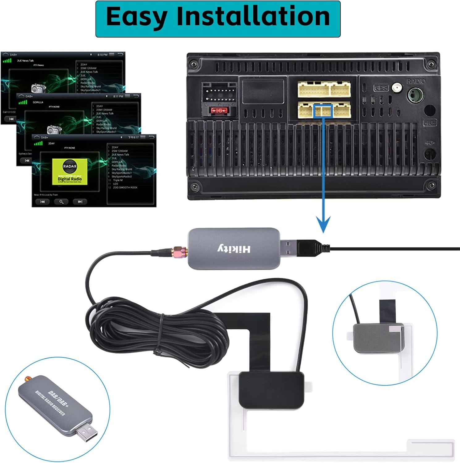 [2026 Nuovo] Hikity DAB/DAB+ Adattatore, DAB Dongle in Macchina Ricevitore Radio Digitale USB 2.0 Stick con Antenna Auto per Android Autoradio