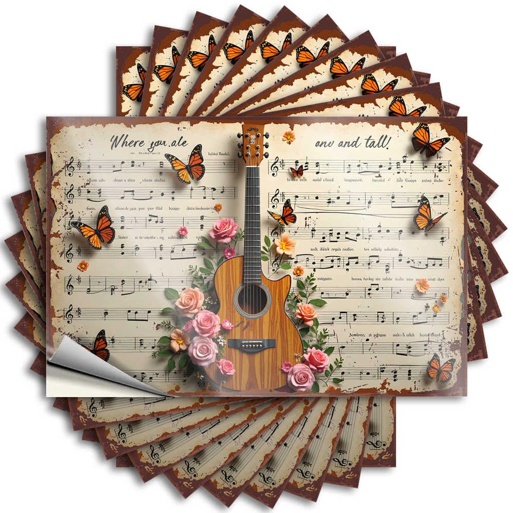 Floral Harmony: A Guitar Amidst Music Notes and Butterflies Happy Bath Decor - Tattoos Laptop Removable Vinyl Decal(6X9CM)