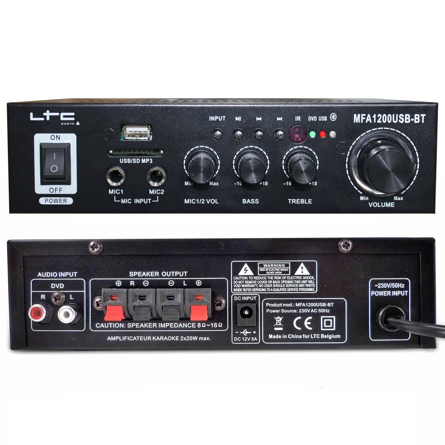 LTC - Pack HiFi Ampli Bluetooth Stéréo USB SD LTC MFA1200USB-BT-BL 2x50W - 8 Mini Enceintes B416B 80W - Magasin Commerce Restaurant