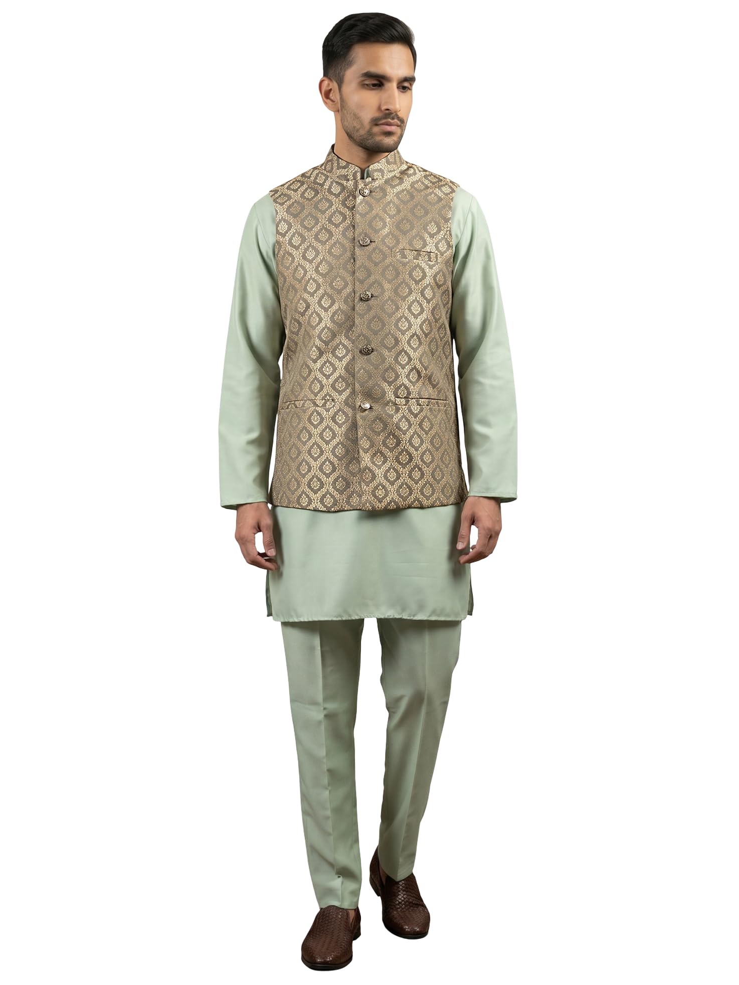 jompers Men's Woven Design Silk Blend Nehru Jacket with Kurta Pyjama-picture-19