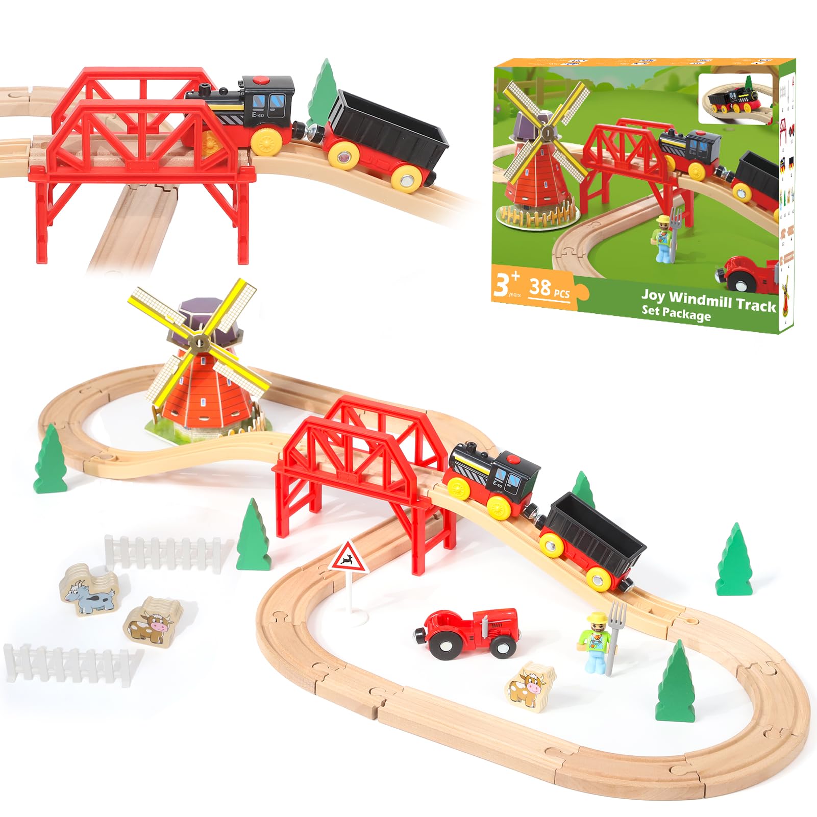 XIAPIA Wooden Train Set for Toddler Farm Theme Wooden Train Track Fits Thomas/Brio/Melissa and Doug