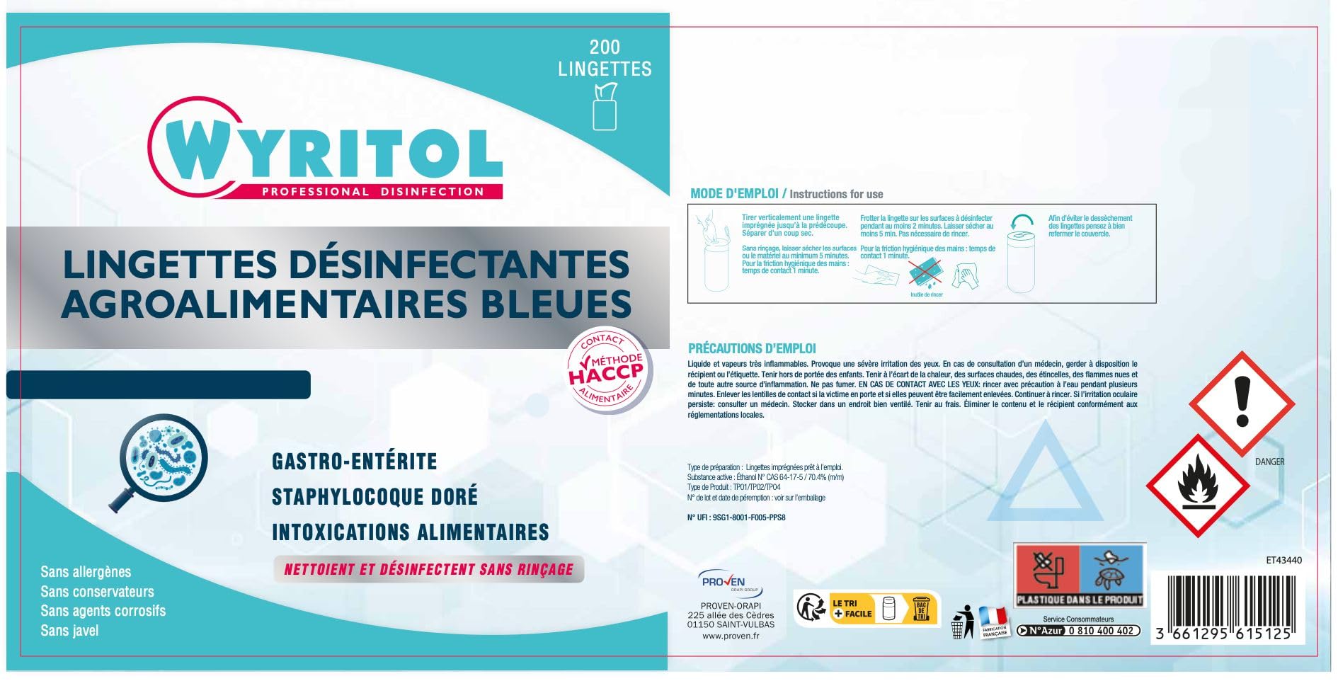 Wyritol - Lingettes Désinfectantes Bleues Milieu Alimentaire x 200