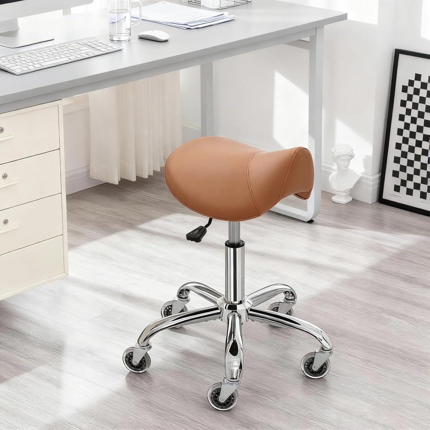 Saddle Stool, Ergonomic Saddle Chair with Wheels 450 LBS, Adjustable Height Swivel Salon Stool, Rolling Stool for Home Office Tattoo Massage Clinic Lab Beauty (Brown) - Image 5