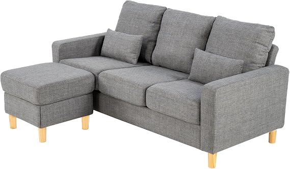 3 Seater Sofa with Storage Ottoman, Square Arms, Light Grey Fabric