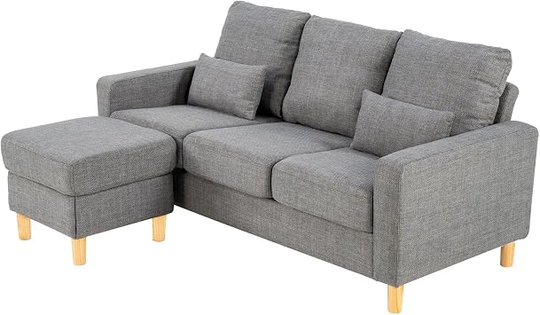 3 Seater Sofa with Storage Ottoman, Square Arms, Light Grey Fabric