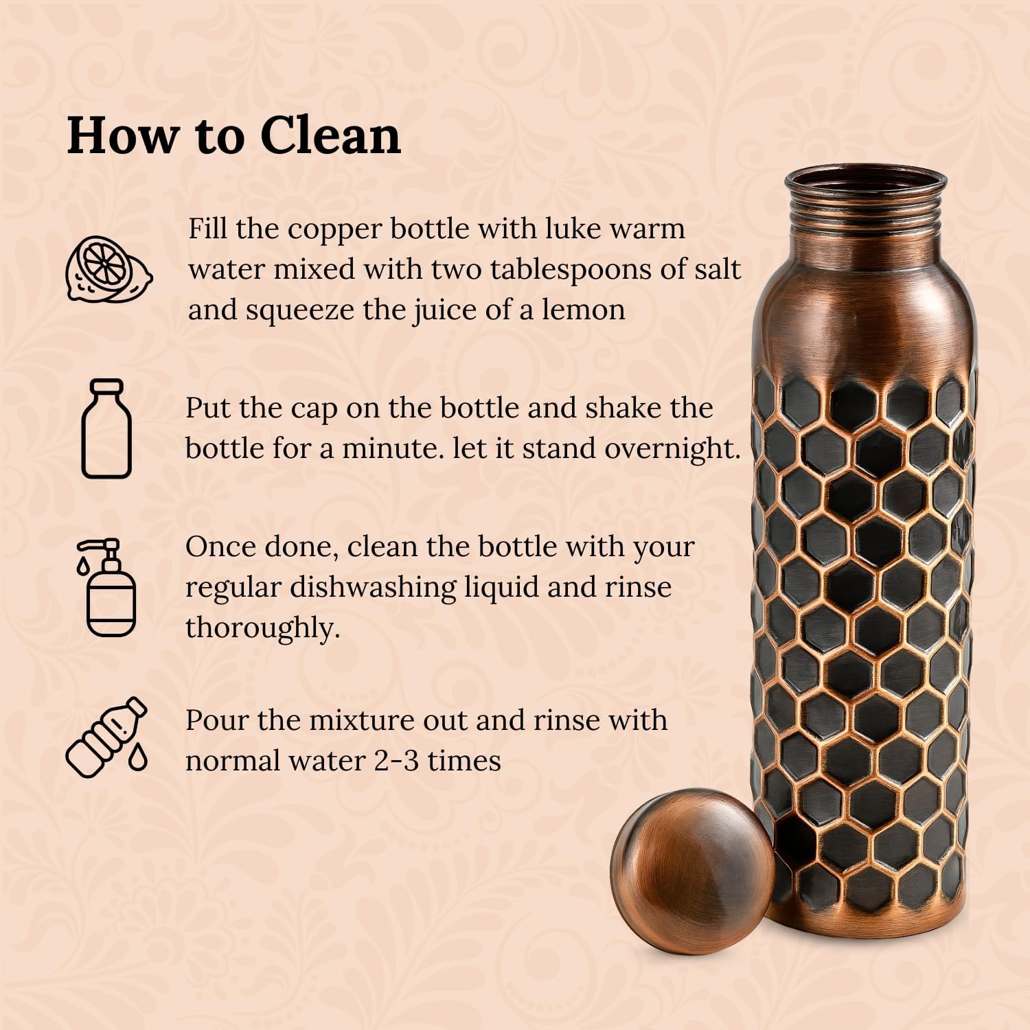 Copper Water Bottle (1 Litre), Leakproof, Pure Copper Water Bottle, Tamba Bottles, Authentic, Durable Bottle for Everyday Use (Honeycomb)