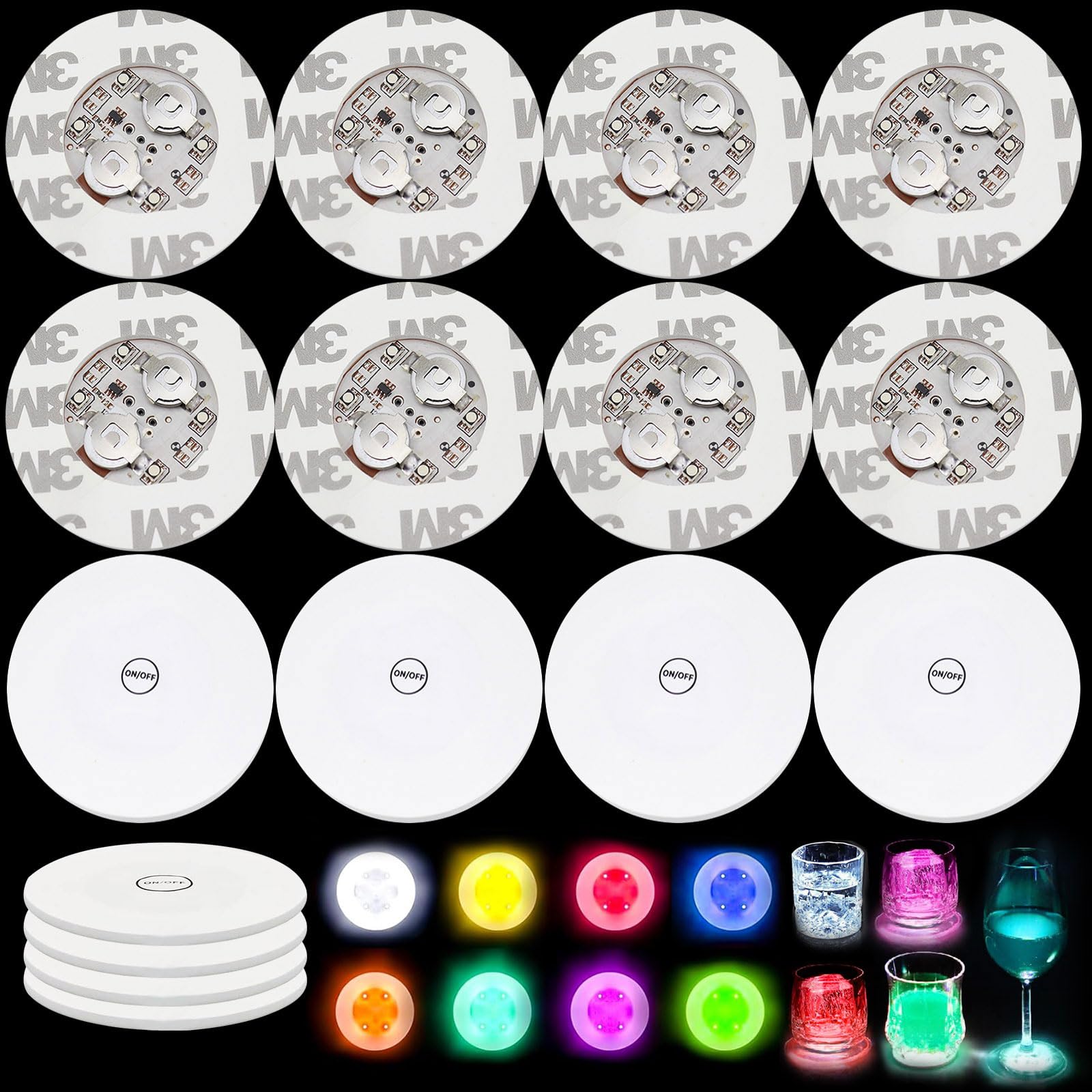 Posavasos LED Autoadhesivos 6cm 7 Modos de Luz 16 Piezas