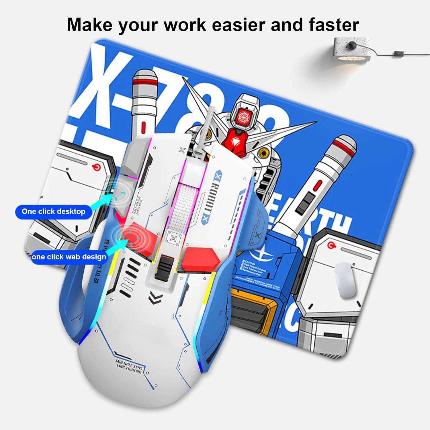 Jectse G6 mouse on a mouse pad, highlighting 'one click desktop' and 'one click web design' functions