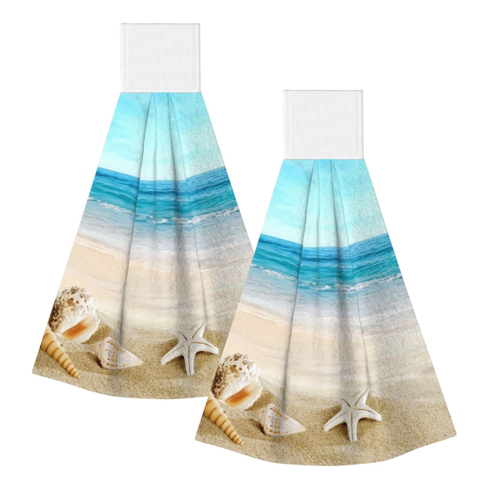DOPKLNA Seashells Sand, 2 Pcs Hanging Coral Fiber Hand Towels for Bathroom, Absorbent Kitchen Towels