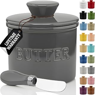 PriorityChef Butter Crock with Lid with Water Line, Ceramic French Butter Dish to Leave On Counter, Grey