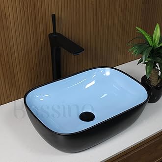 BASSINO Art Wash Basin Counter top,Tabletop Ceramic Bathroom Sink/Basin for Home And Office -BLACK & BLUE (L455 x W325 x H145 mm) BTT-861-IN