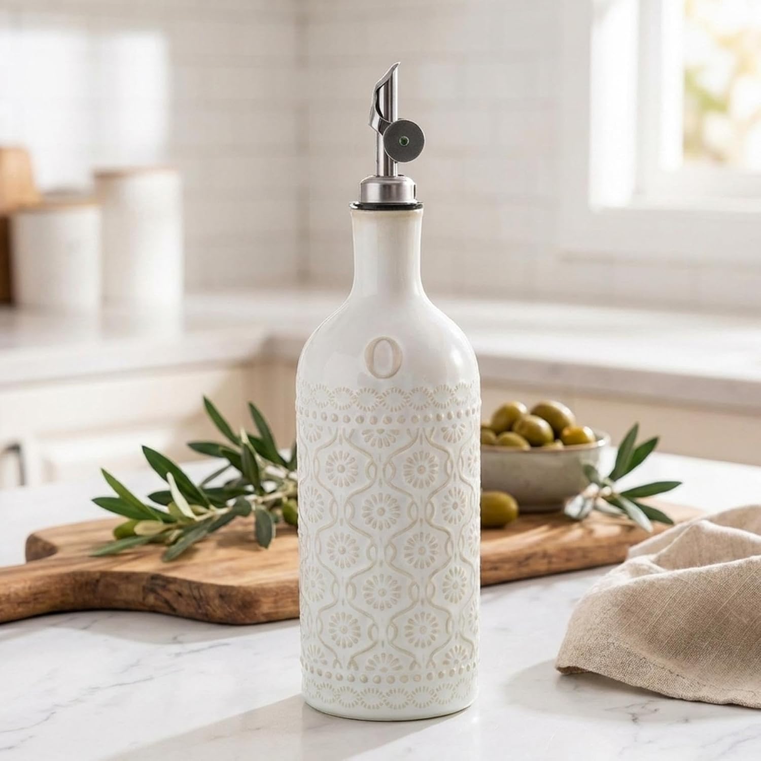 Ceramic Olive Oil Dispenser Bottle, 18oz Oil Dispenser for Kitchen, Relief Olive Oil Cruet with Gravity Spout Funnel and Brush (White)