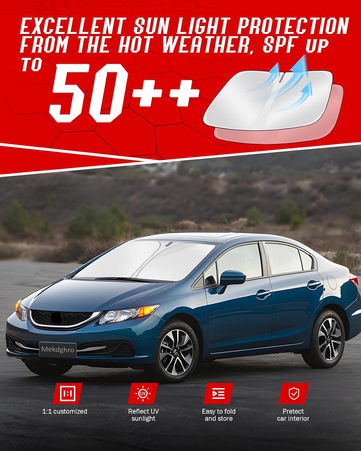 Custom Fit Windshield Sun Shade for Honda Civic 2012-2015, Foldable, Easy to Install & Store, Full Coverage, 210T Reflective Fabric, Blocks 99% of UV Rays