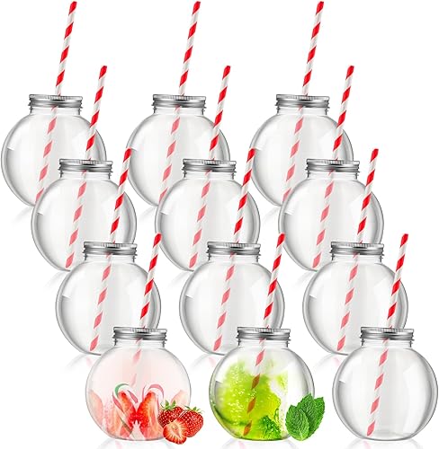 Tazones de hiedra de plástico de 16 onzas para bebidas con tapas de aluminio y pajitas de papel, vasos esféricos transparentes para juegos de