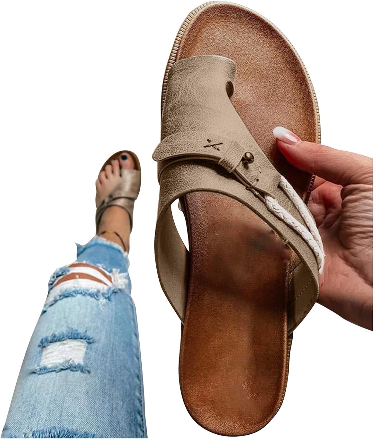 Aunimeifly Womens Orthopedic Correction Flip Flops Leather Ring Toe