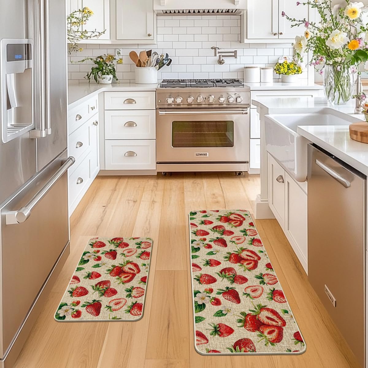 Artoid Mode Strawberry Spring Kitchen Mats Set of 2, Home Decor Low-Profile Kitchen Rugs for Floor - 17x29 and 17x47 Inch