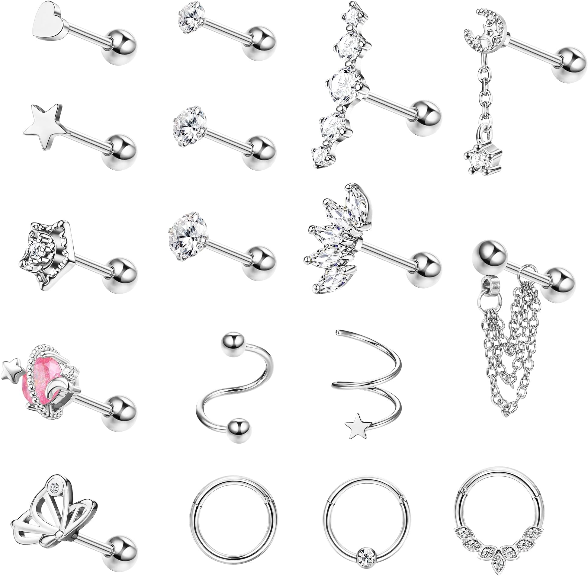 YADOCA17PCS 16G Cartilage Earring Stud Hoop for Women Men Surgical Steel Hypollergenic Dangle Chain Stud Hoop Set CZ Opal Screw Back Earrings Helix Daith Conch Tragus Cartilage Piercing Jewelry