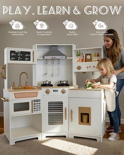 Miniatura 6 de YUG Juego de cocina para niños pequeños, juego de cocina de esquina con luces y sonidos, juguete de madera con horno, microondas, estufa, máquina de