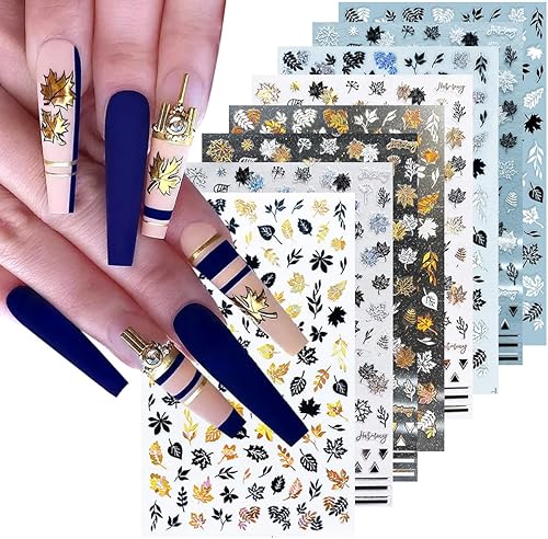 8 hojas de calcomanías para uñas de hoja de arce doradas, 3D de otoño, holográficas, diseño de hojas de arce, láminas de diseño de hojas de arce,