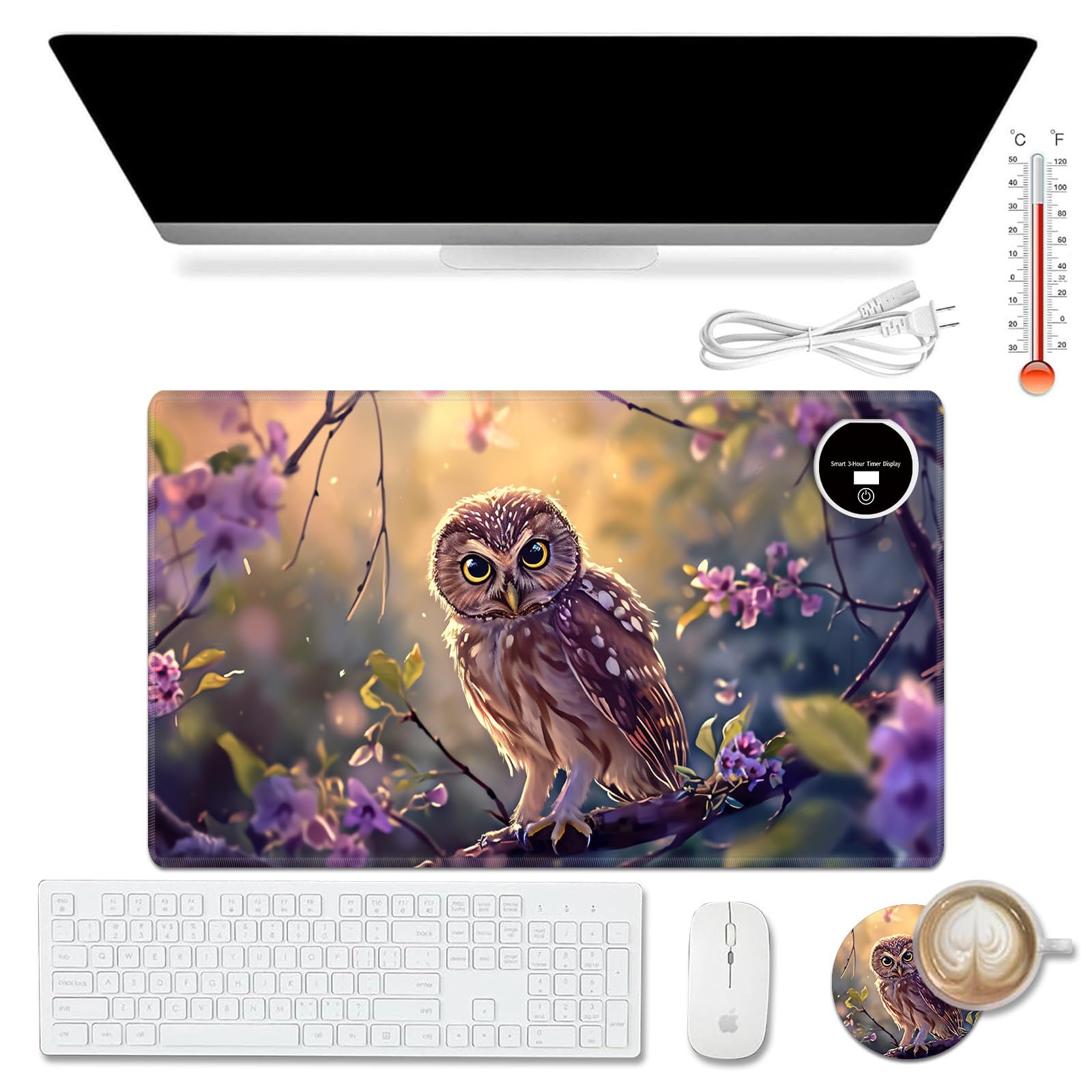 ACWDMKH Warm Desk Pad,Heated Desk Pad,Office Mat,3 Heating Levels & 3 Hours Auto Shut-Off,31.5"*13" Laptop Keyboard Mat,Cute Owl Purple