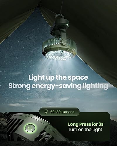 Miniatura 5 de Gaiatop Ventilador portátil de campamento con linterna LED, pantalla de potencia de rotación de cabeza de 360, gancho para colgar para tienda de