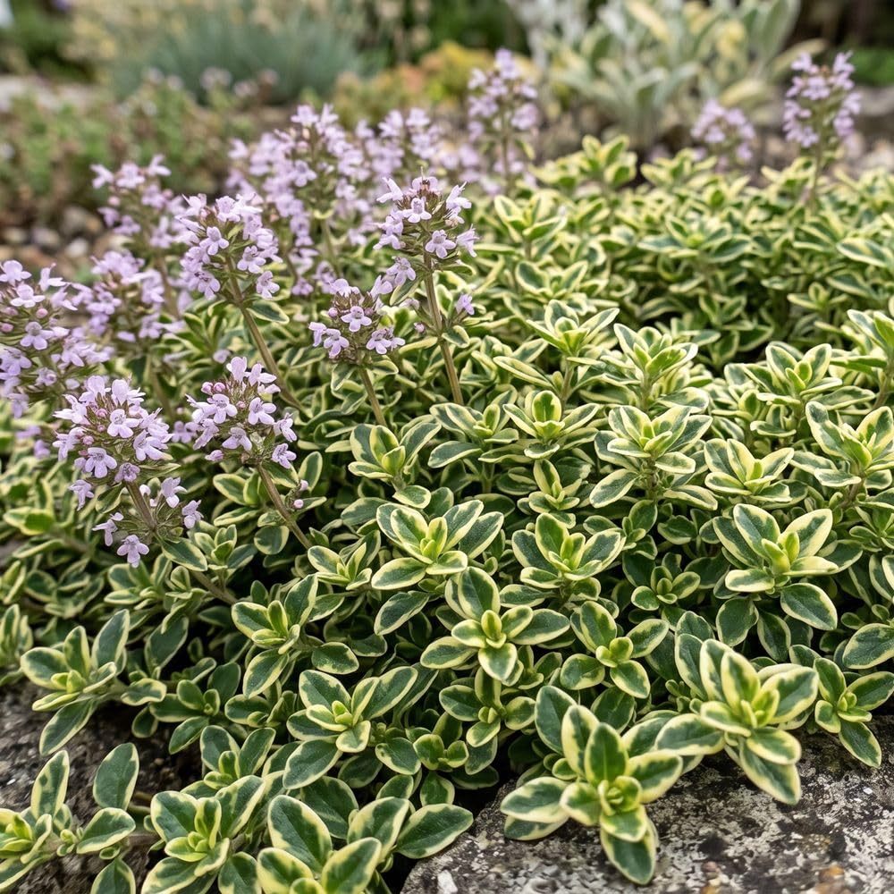 Bedwen Thyme 'Highland Cream' 9cm Plant x2 – Variegated Creeping Thyme with Cream‑Edged Foliage & Soft Pink Summer Flowers for Path Edges, Ground Cover & Rockeries