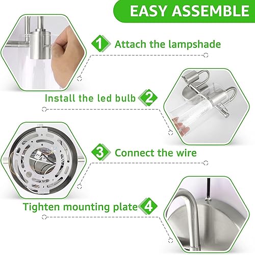 Miniatura 6 de Aipsun Lámparas de baño de níquel cepillado, 3 luces, modernos apliques de pared de baño con cristal de burbujas, accesorios de iluminación LED