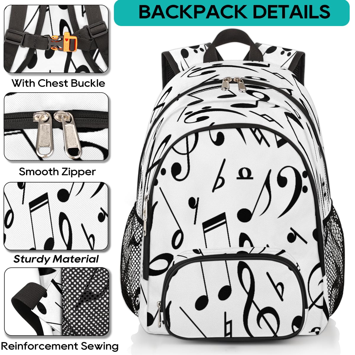 TropicalLife Rucksack mit Musiknoten, Mehrzweck-Rucksack für Kinder, Mädchen, Jungen, Männer, Frauen, 18,4 l, schwarzer Noten-Rucksack, Schule, Büchertasche, lässiger Laptop-Tagesrucksack, farbig,