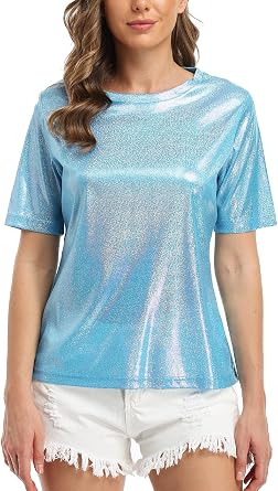 Shiny Tops for Women Metallic Holographic Shirt Party Shimmer Sparkle Disco T-Shirt
