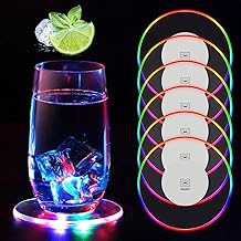 Luminous Acrylic Coasters:Set of 6 Round Acrylic Coasters Waterproof Multicolor LED Coasters for Drinks, Champagne Bottles, Parties, Weddings, Christmas