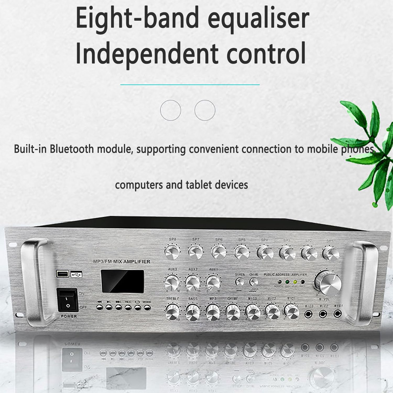 Amplificateur Audio Stéréo Numérique, Amplificateur De Puissance Bluetooth Audio Professionnel Avec 3 Entrées Microphone, Contrôle Indépendant Du Volume Sur 8 Zones Pour Centres Commerciaux/hôtels