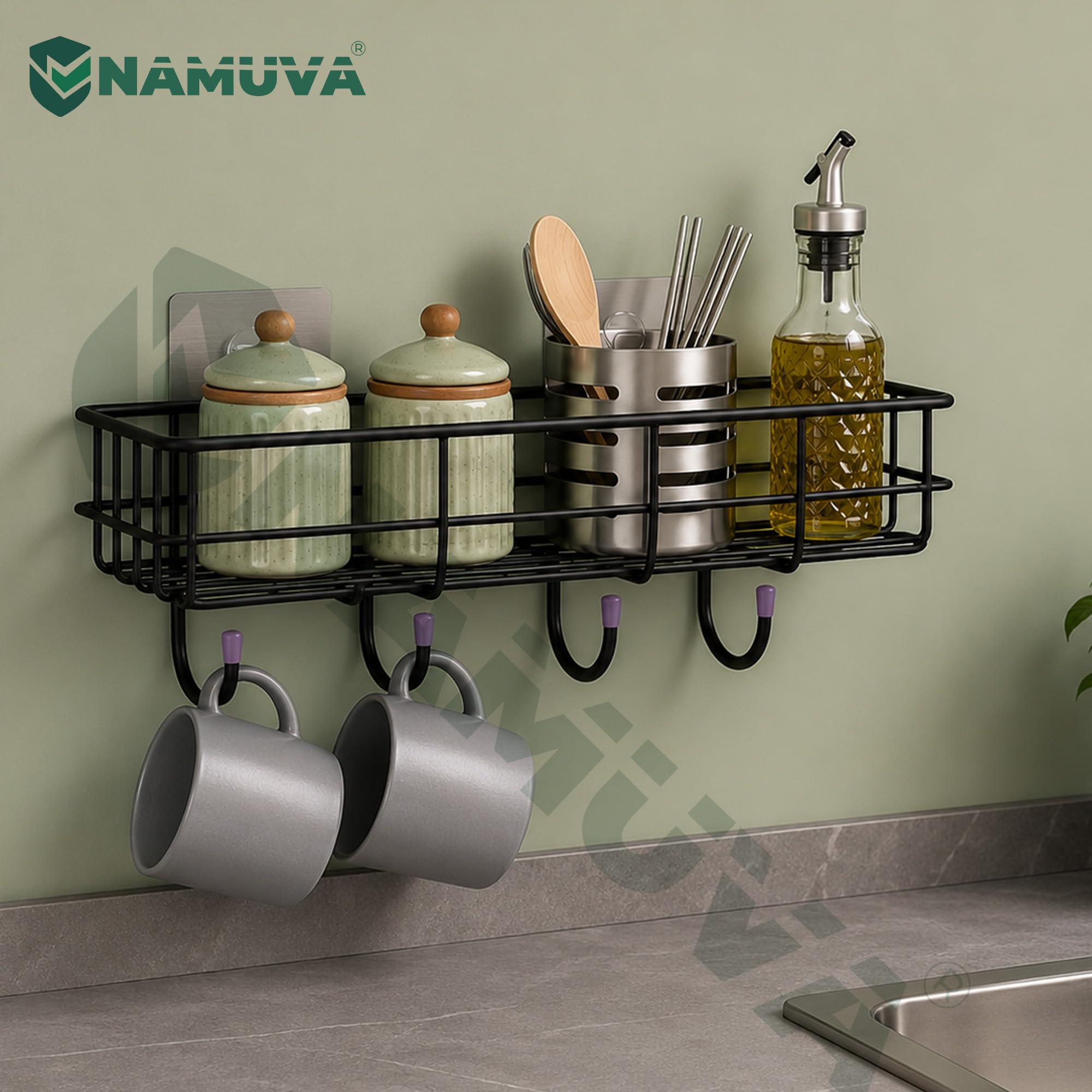 NAMUVA Self Adhesive Stainless Steel Bathroom Shelf with 4 Hooks | Black — Amazon image 10