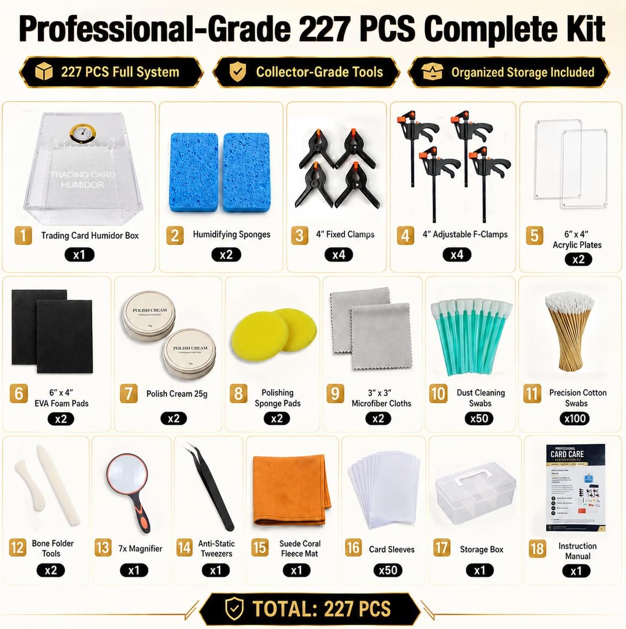 227PCS Trading Card Cleaning Kit, Card Repair Kit & Card Restoration Kit, 4-in-1 Cleaning, Polishing, Humidifying & Flattening System with Acrylic Humidor for Sports, TCG & Vintage Cards