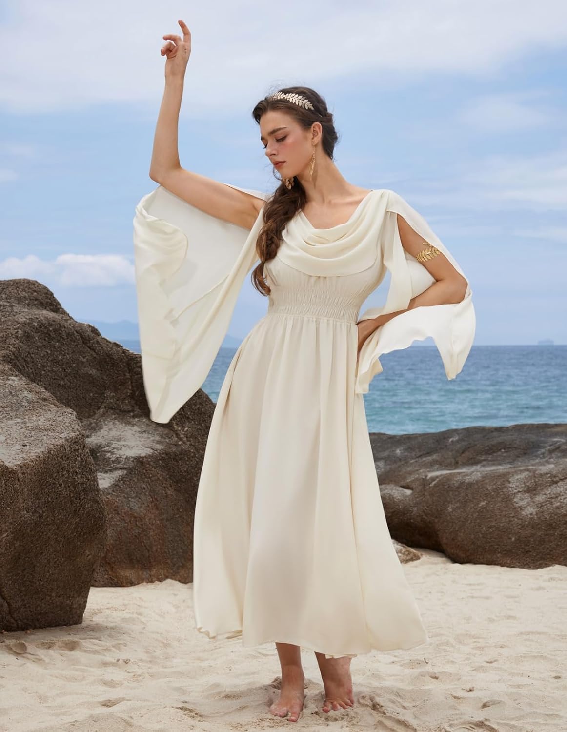 Scarlet Darkness Women Renaissance Dress Split Bell Sleeve Cowl Neck Peasant Medieval Dress - Image 4